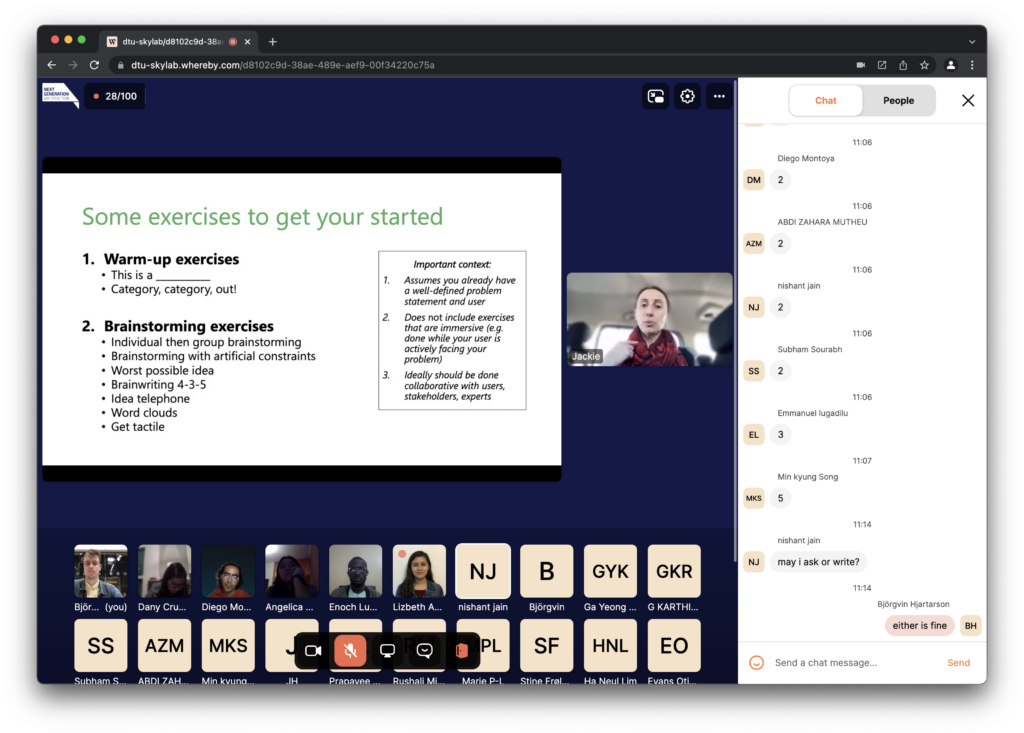 A screenshot from virtual bootcamp, showing an external speaker presenting innovation exercises